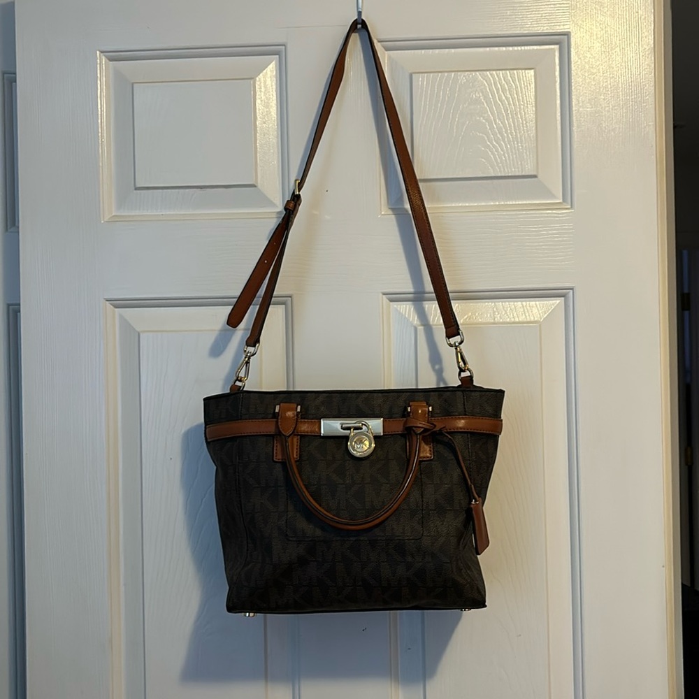 Michael Kors Hamilton two way handbag signature MK brown print